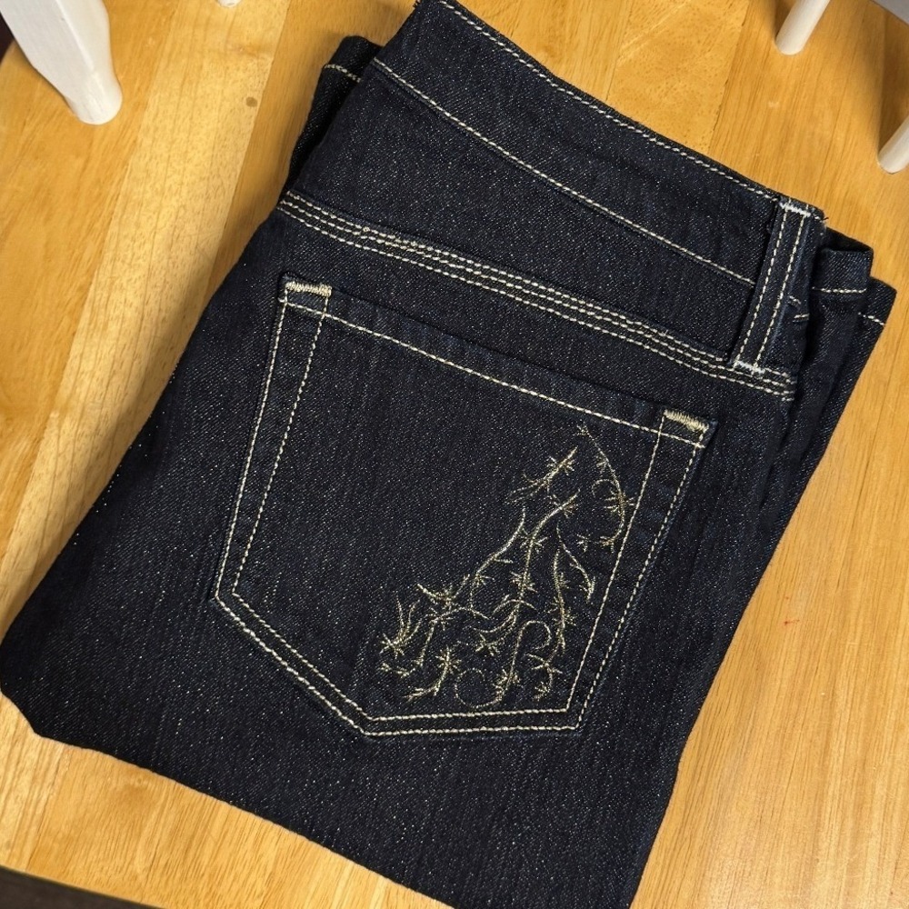 NYDJ Boot Cut Jeans 10 x 33 Dark Wash Gold Stitch Sparkle Metallic High Rise